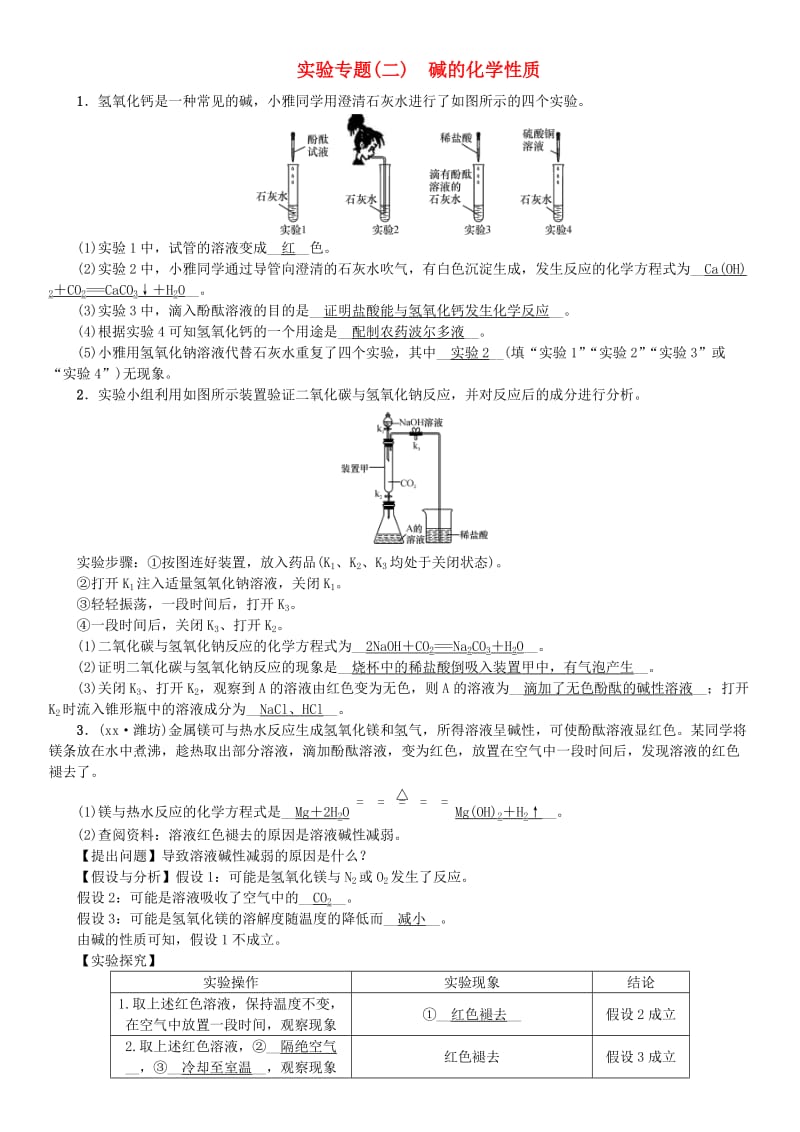 河北省九年级化学下册 第十单元 酸和碱 实验专题（二）碱的化学性质习题 （新版）新人教版.doc_第1页