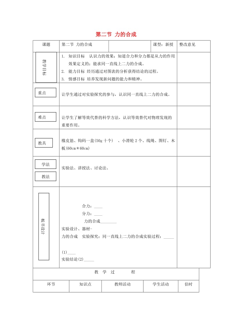 八年级物理全册 第7章 第2节 力的合成教学设计2 （新版）沪科版.doc_第1页