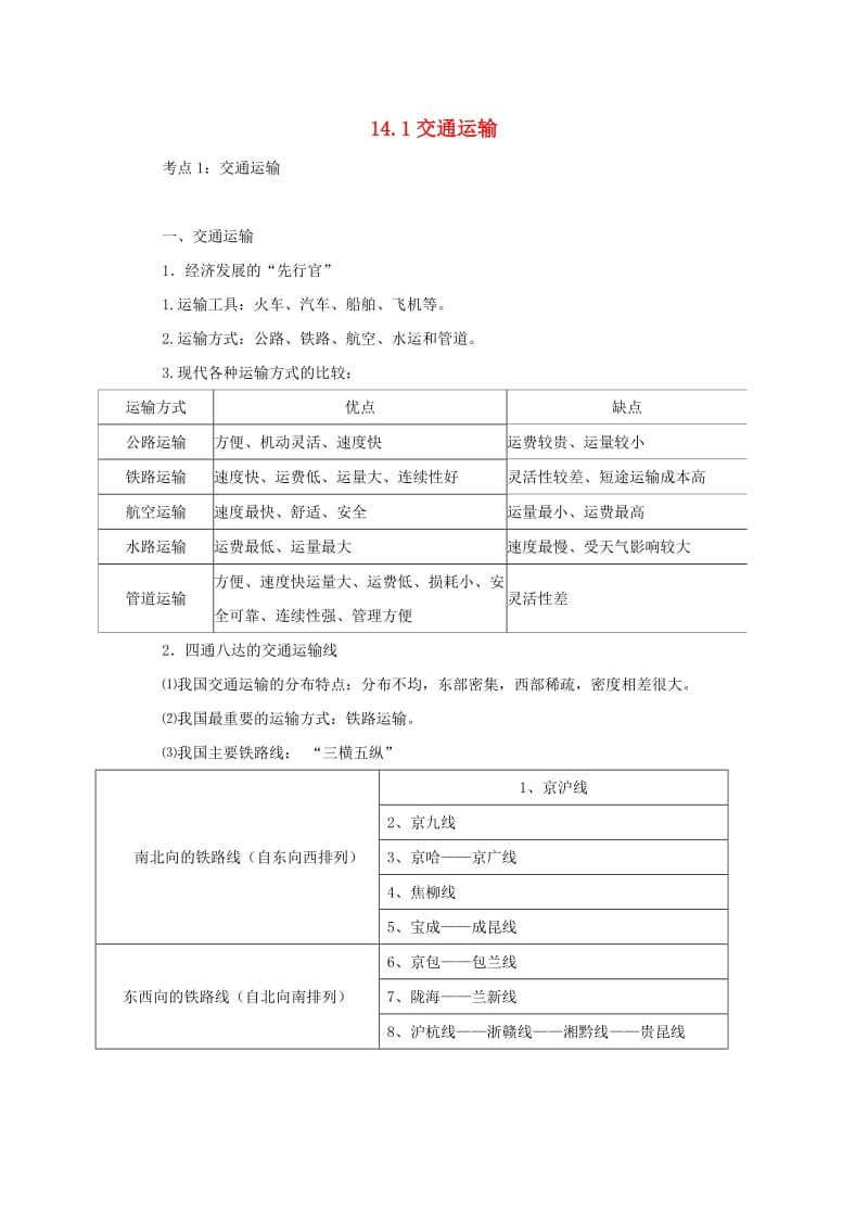 （人教通用）2019年中考地理一轮复习 专题十一 我的经济与文化 14.1交通运输讲义（含解析）.doc_第1页