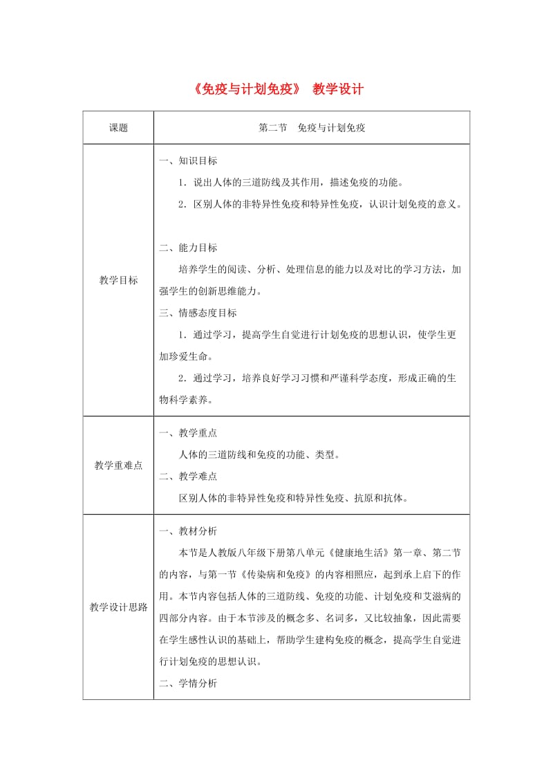 吉林省榆树市八年级生物下册 第八单元 第一章 第二节 免疫与计划免疫教案 （新版）新人教版.doc_第1页