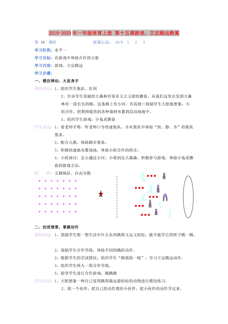 2019-2020年一年级体育上册 第十五课游戏、立定跳远教案.doc_第1页