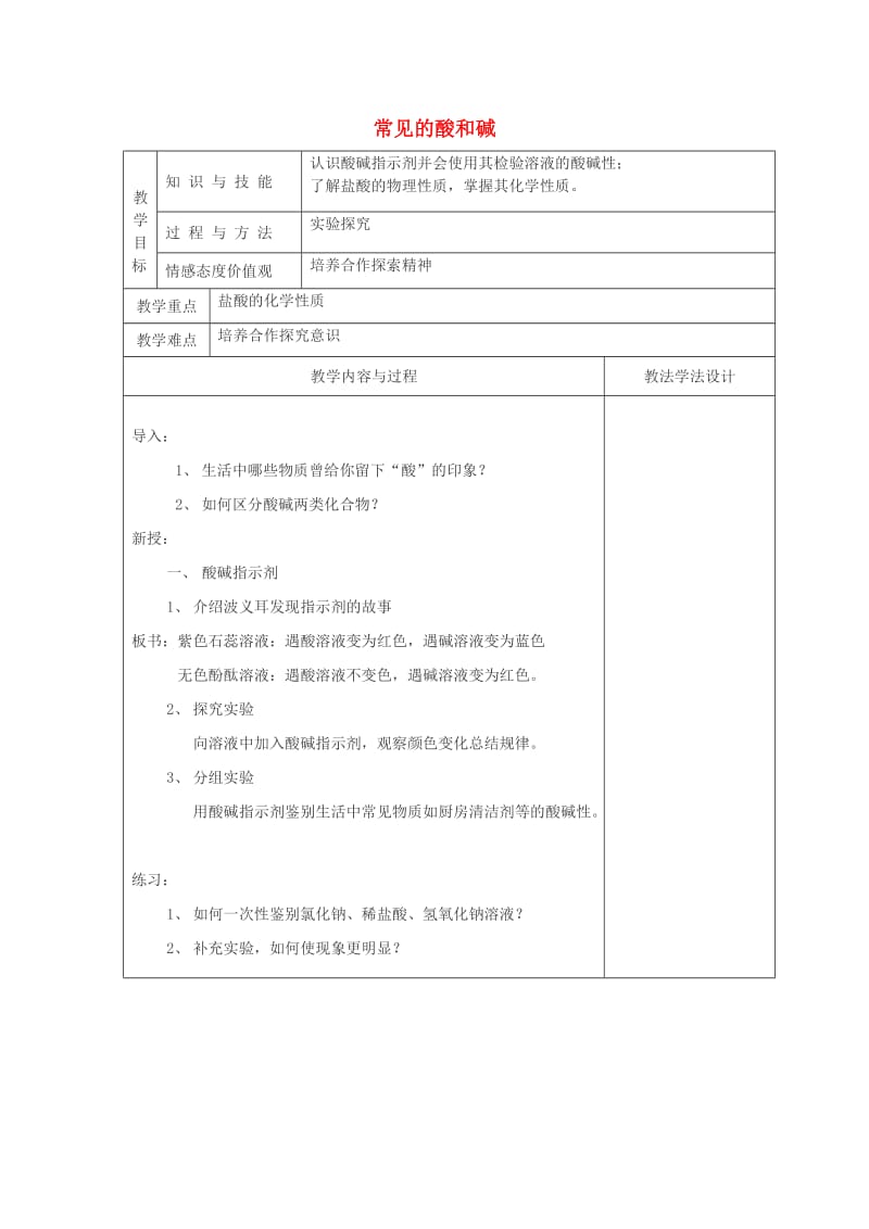 吉林省长春市双阳区九年级化学下册 第10单元 酸和碱 10.1 常见的酸和碱（1）教学案（新版）新人教版.doc_第1页