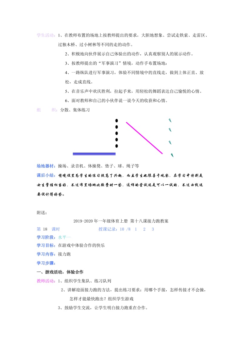 2019-2020年一年级体育上册 第十五课直线走、曲线走教案.doc_第2页