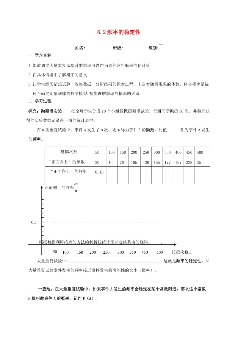 河北省保定市莲池区七年级数学下册 第六章 频率初步 6.2 频率的稳定性导学案（新版）北师大版.doc_第1页