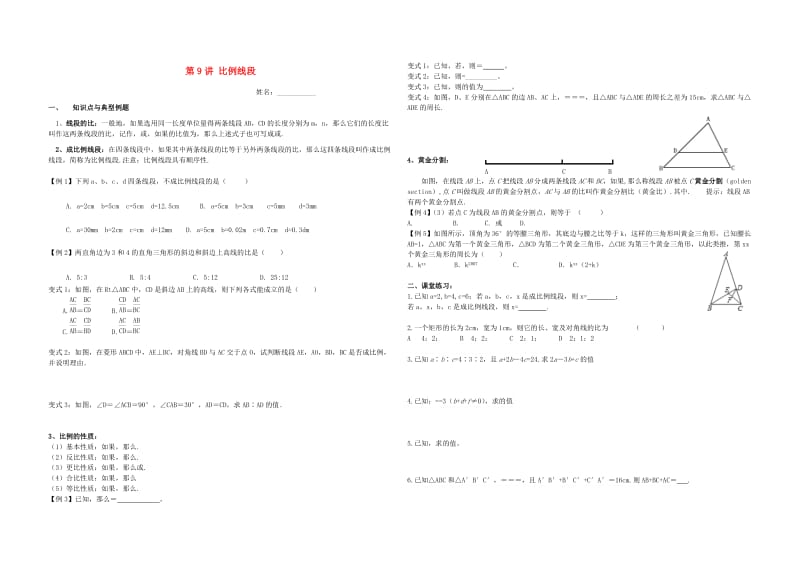 湖南省郴州市苏仙区九年级数学上册 第9讲 比例线段培优（新版）湘教版.doc_第1页