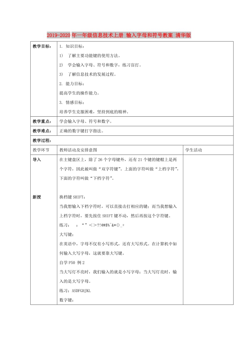 2019-2020年一年级信息技术上册 输入字母和符号教案 清华版.doc_第1页