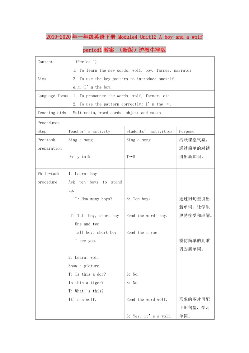 2019-2020年一年级英语下册 Module4 Unit12 A boy and a wolf period1教案 （新版）沪教牛津版.doc_第1页