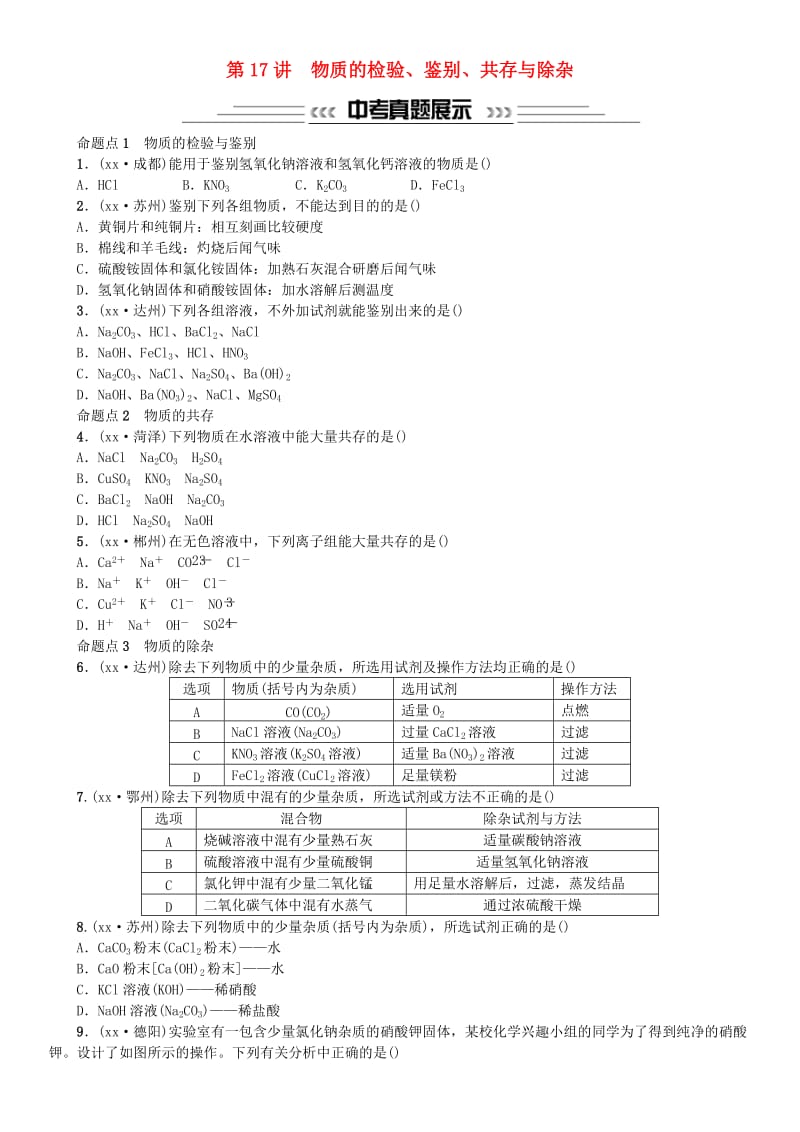 中考化学一轮复习 主题五 科学探究 第17讲 物质的检验、鉴别、共存与除杂练习.doc_第1页