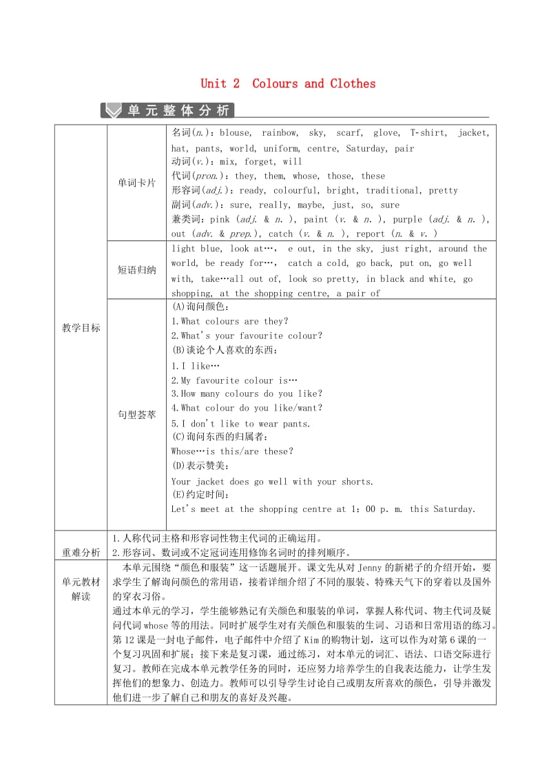 2018-2019学年七年级英语上册 Unit 2 Colours and Clothes单元整体分析、话题相关链接 （新版）冀教版.doc_第1页