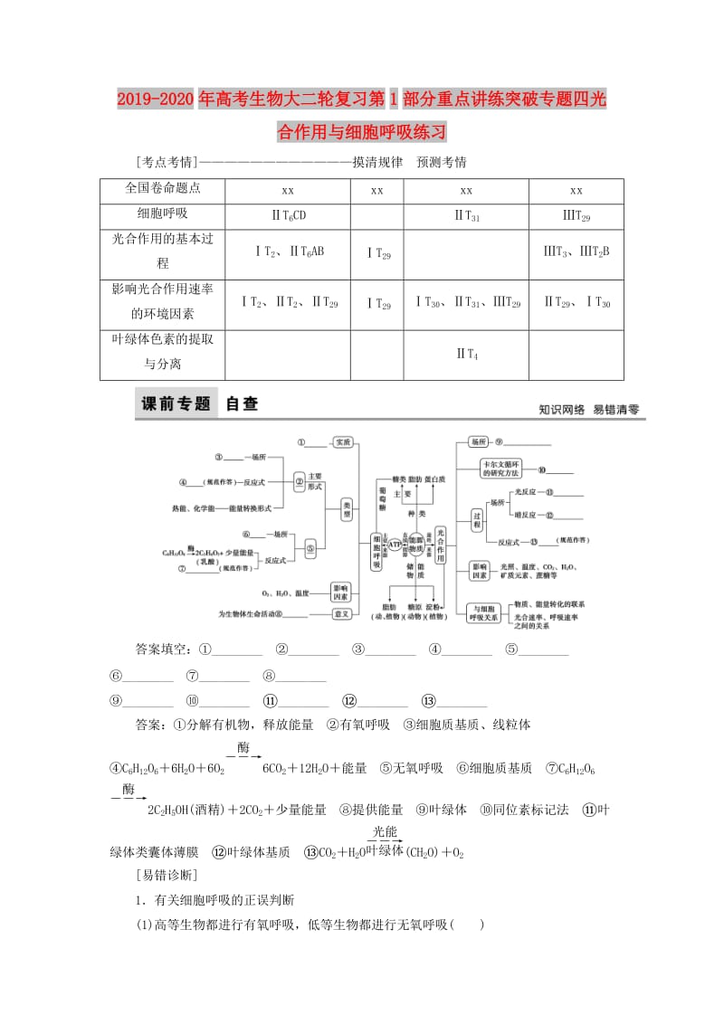 2019-2020年高考生物大二轮复习第1部分重点讲练突破专题四光合作用与细胞呼吸练习.doc_第1页