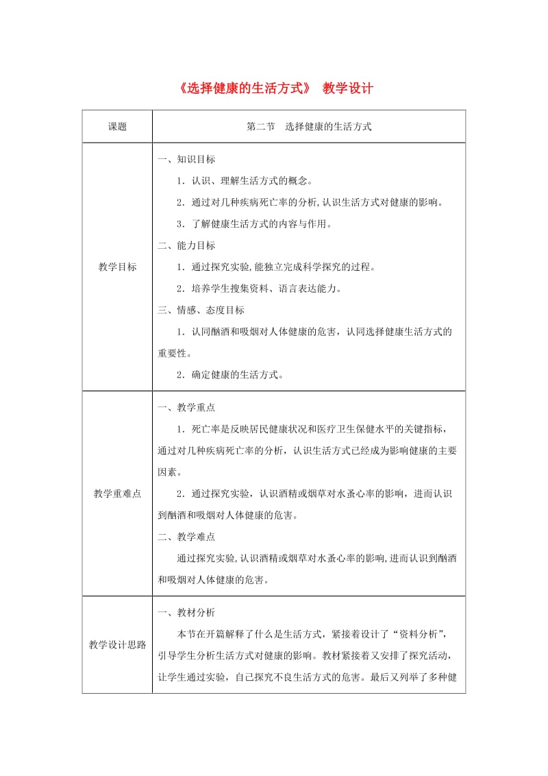 吉林省榆树市八年级生物下册 第八单元 第三章 第二节 选择健康的生活方式教案 （新版）新人教版.doc_第1页