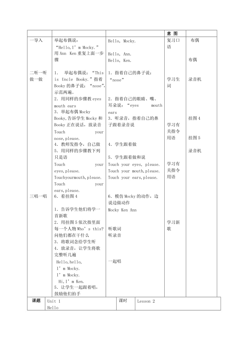 2019-2020年一年级英语上册 Unit 1 第1-2课时教案 北师大版.doc_第2页