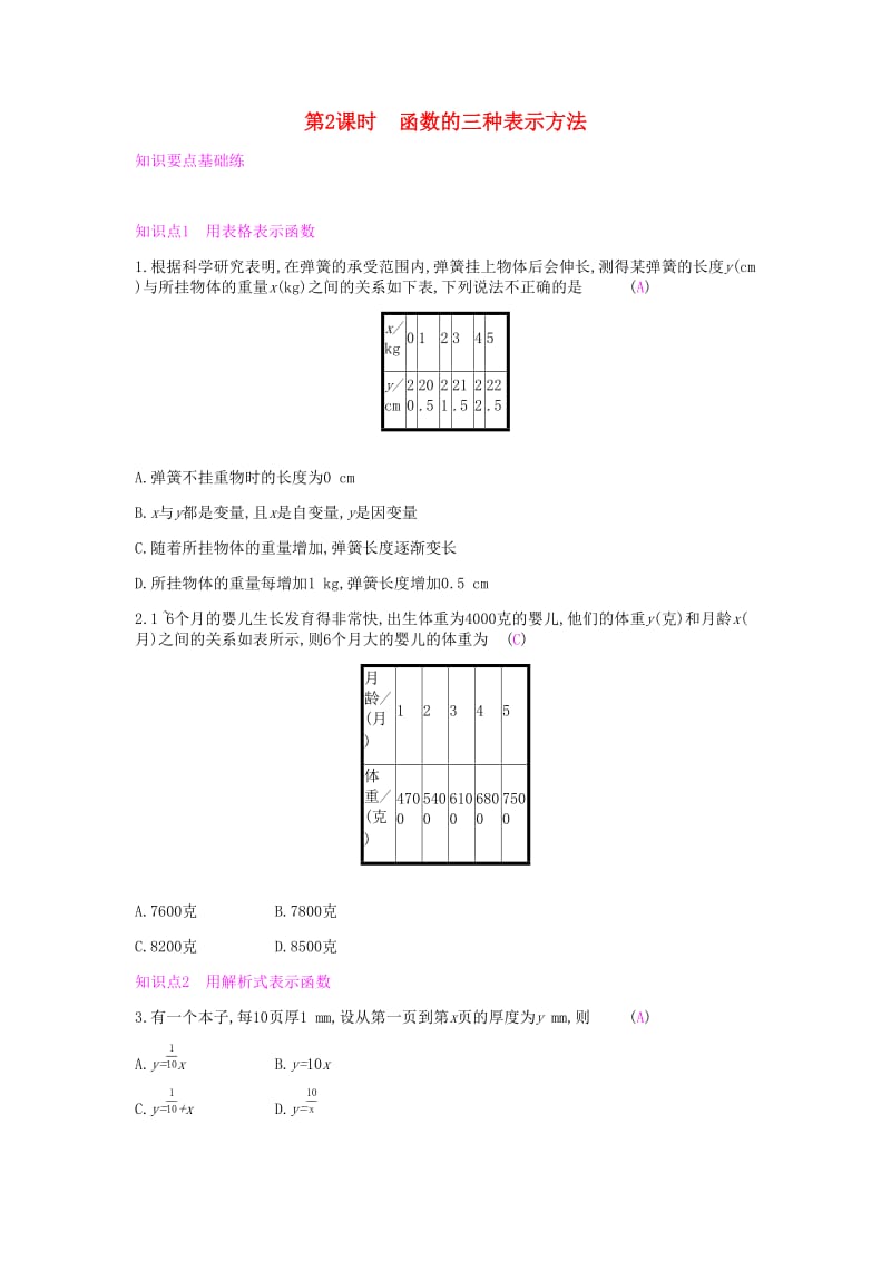 八年级数学下册第十九章一次函数19.1变量与函数19.1.2函数的图象第2课时函数的三种表示方法课时作业 新人教版.doc_第1页