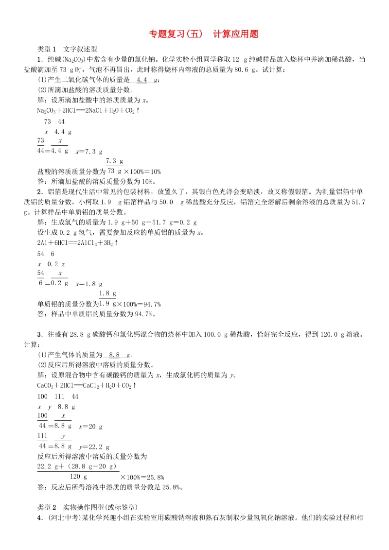 河北省九年级化学下册 专题复习（五）计算应用题习题 （新版）新人教版.doc_第1页