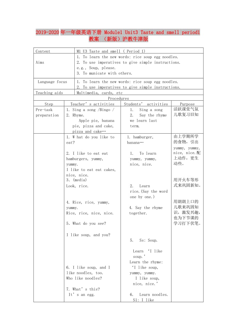 2019-2020年一年级英语下册 Module1 Unit3 Taste and smell period1教案 （新版）沪教牛津版.doc_第1页