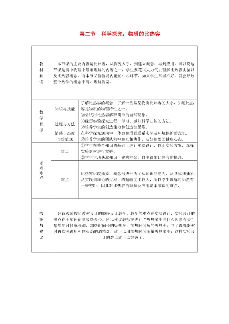 九年级物理全册 第十三章 第二节 科学探究：物质的比热容学案 （新版）沪科版.doc_第1页