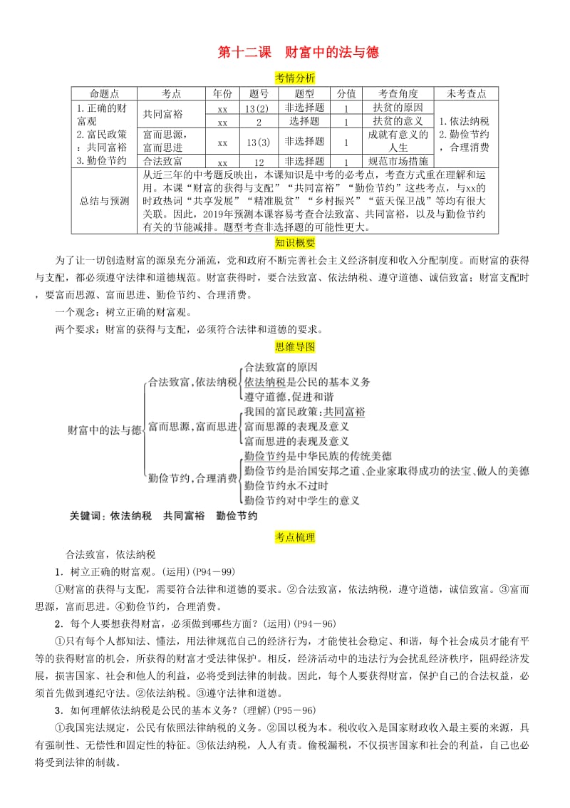 四川省宜宾市2019年中考道德与法治总复习 九上 第4单元 财富论坛 第12课 财富中的法与德习题 教科版.doc_第1页