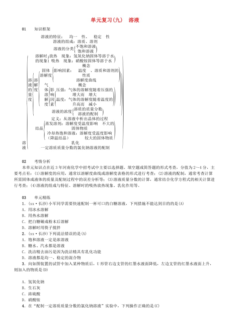 （河南专版）九年级化学下册 单元复习（九）溶液习题 （新版）新人教版.doc_第1页