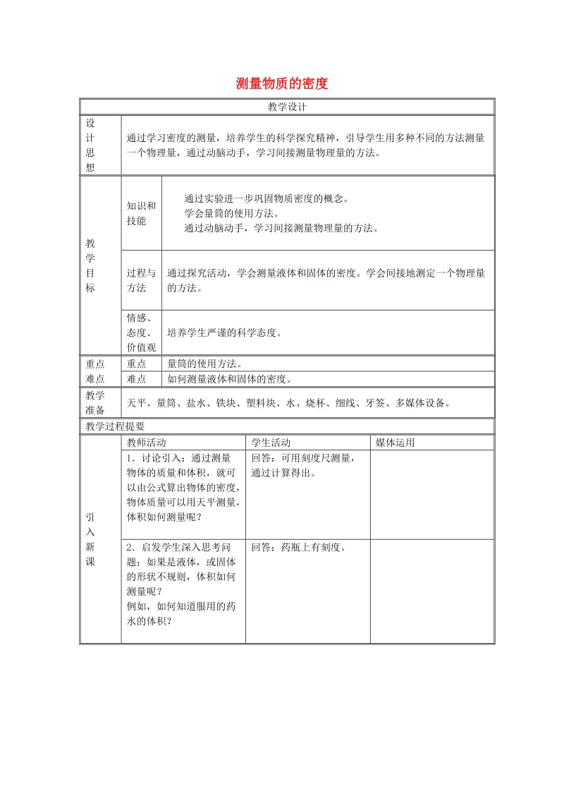 八年级物理上册 第六章 第3节 测量物质的密度教案 （新版）新人教版.doc_第1页