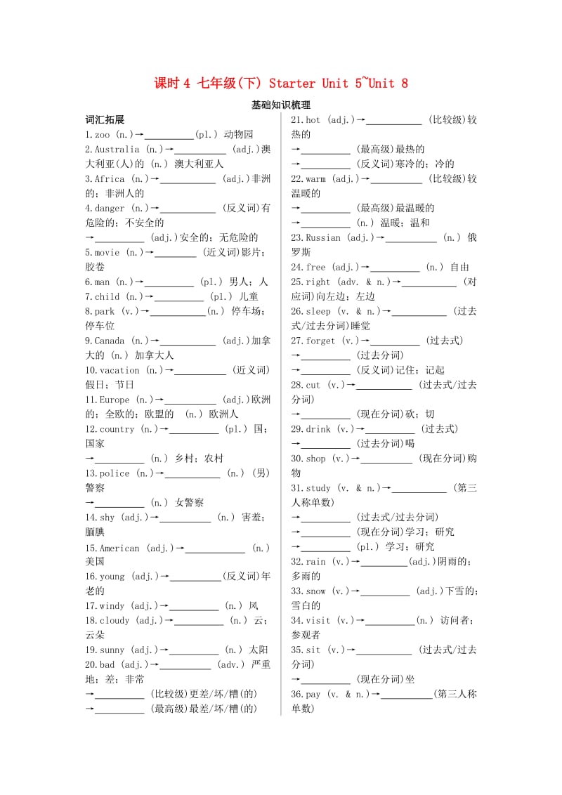 陕西省2019中考英语复习 知识梳理 课时4 七下 Starter Unit 5-8（基础知识梳理）检测.doc_第1页