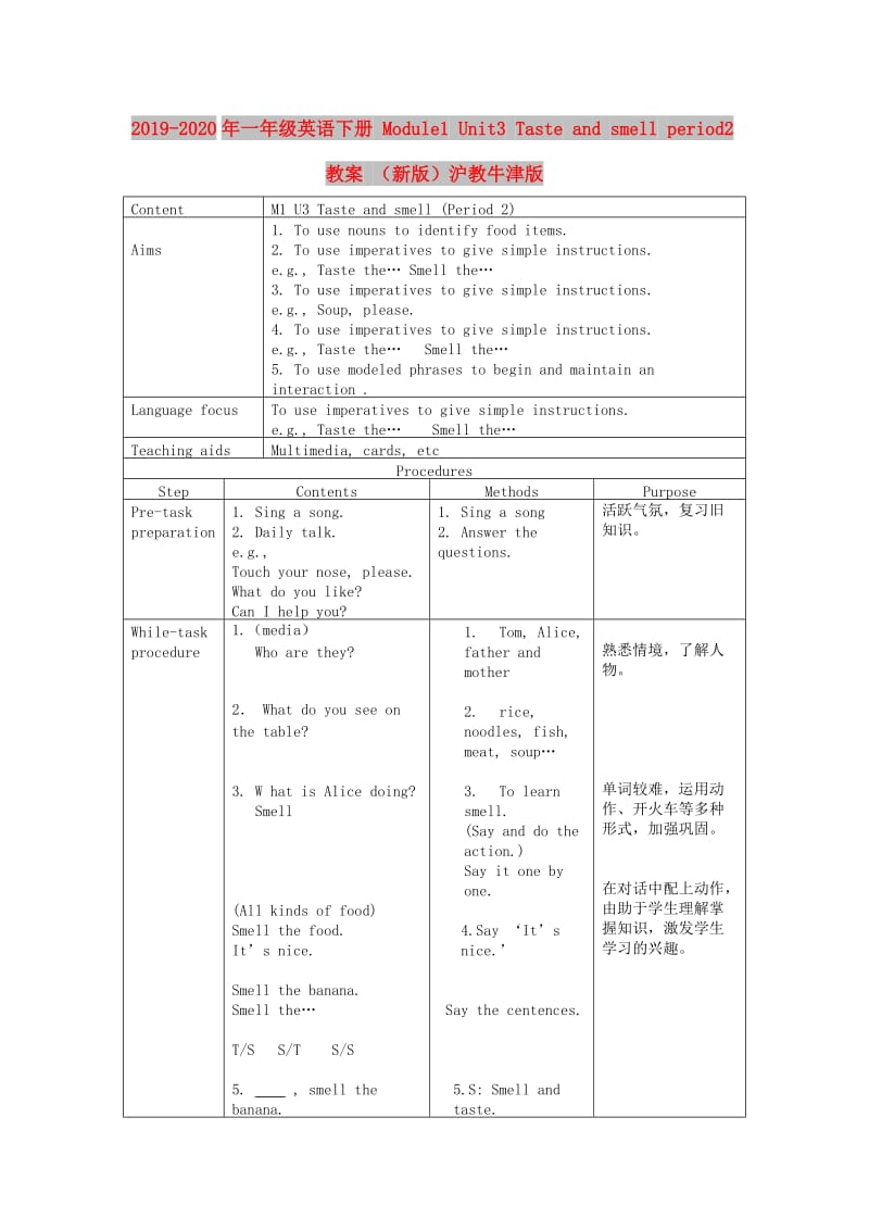 2019-2020年一年级英语下册 Module1 Unit3 Taste and smell period2教案 （新版）沪教牛津版.doc_第1页