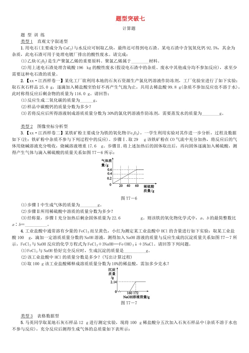 江西省中考化学题型突破方案复习 题型训练7 计算题.doc_第1页