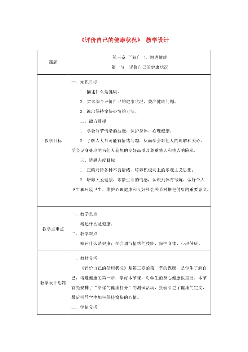 吉林省榆树市八年级生物下册 第八单元 第三章 第一节 评价自己的健康状况教案 （新版）新人教版.doc_第1页