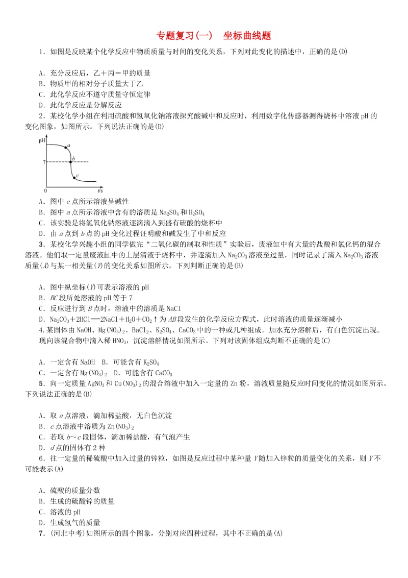 河北省九年级化学下册 专题复习（一）坐标曲线题习题 （新版）新人教版.doc_第1页