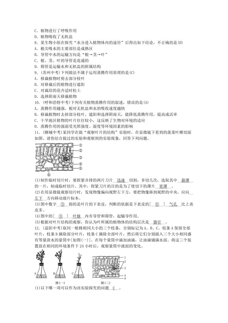 2019年中考生物总复习 主题三 生物圈中的绿色植物 课时6 绿色植物的蒸腾作用.doc_第3页