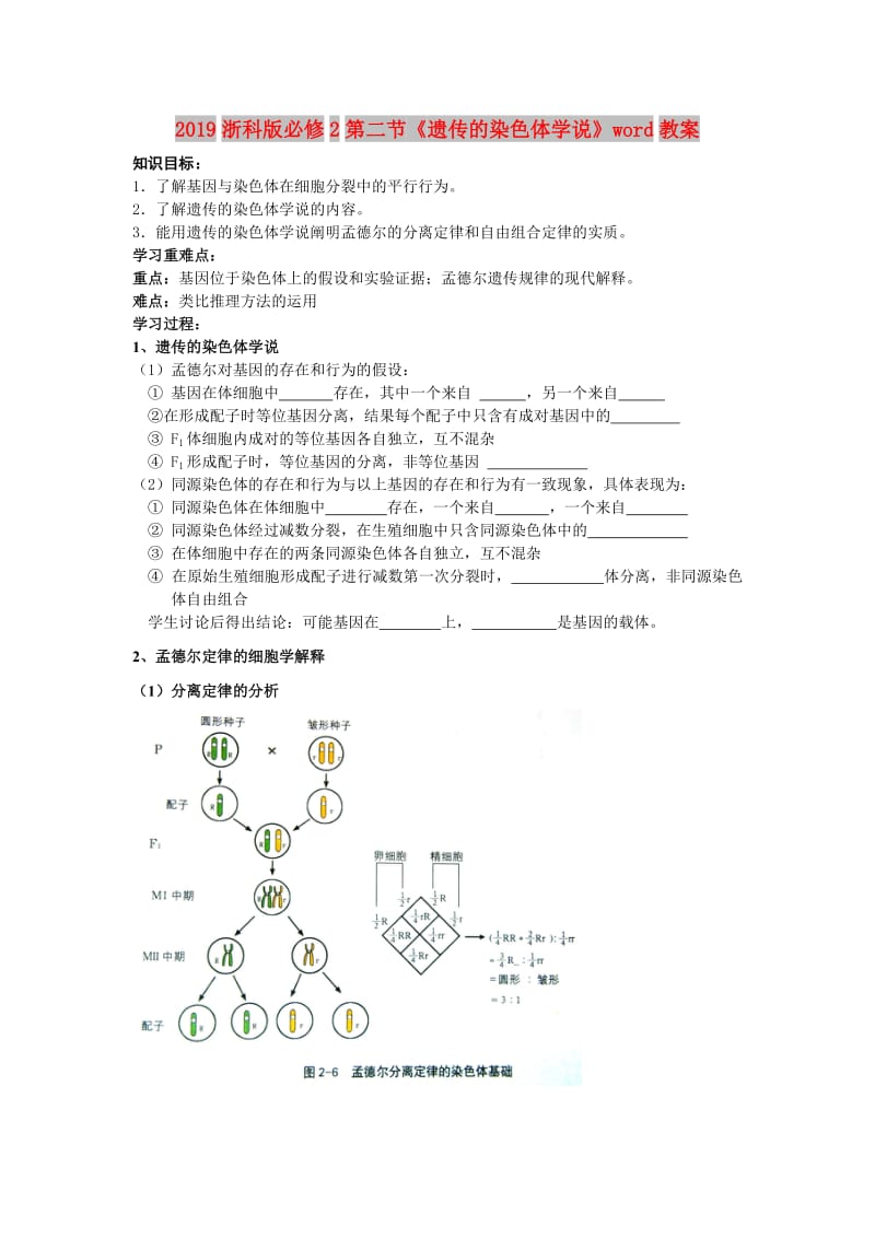 2019浙科版必修2第二节《遗传的染色体学说》word教案.doc_第1页