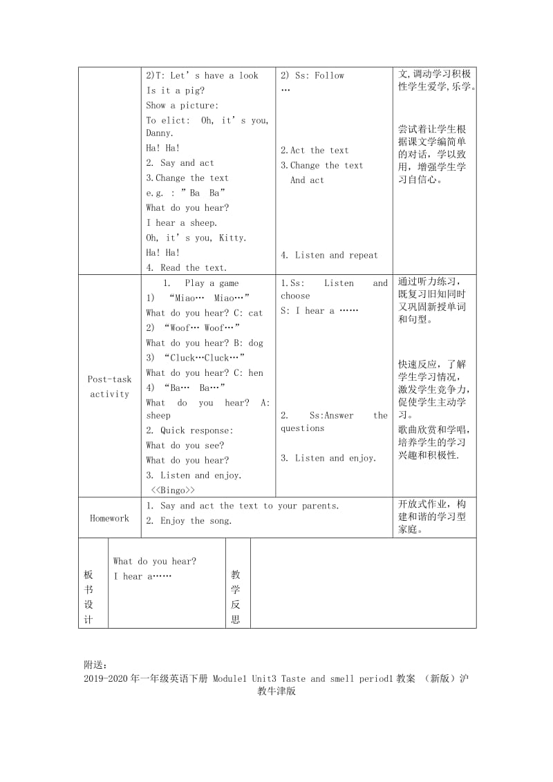 2019-2020年一年级英语下册 Module1 Unit2 Listen and hear period2教案 （新版）沪教牛津版.doc_第2页