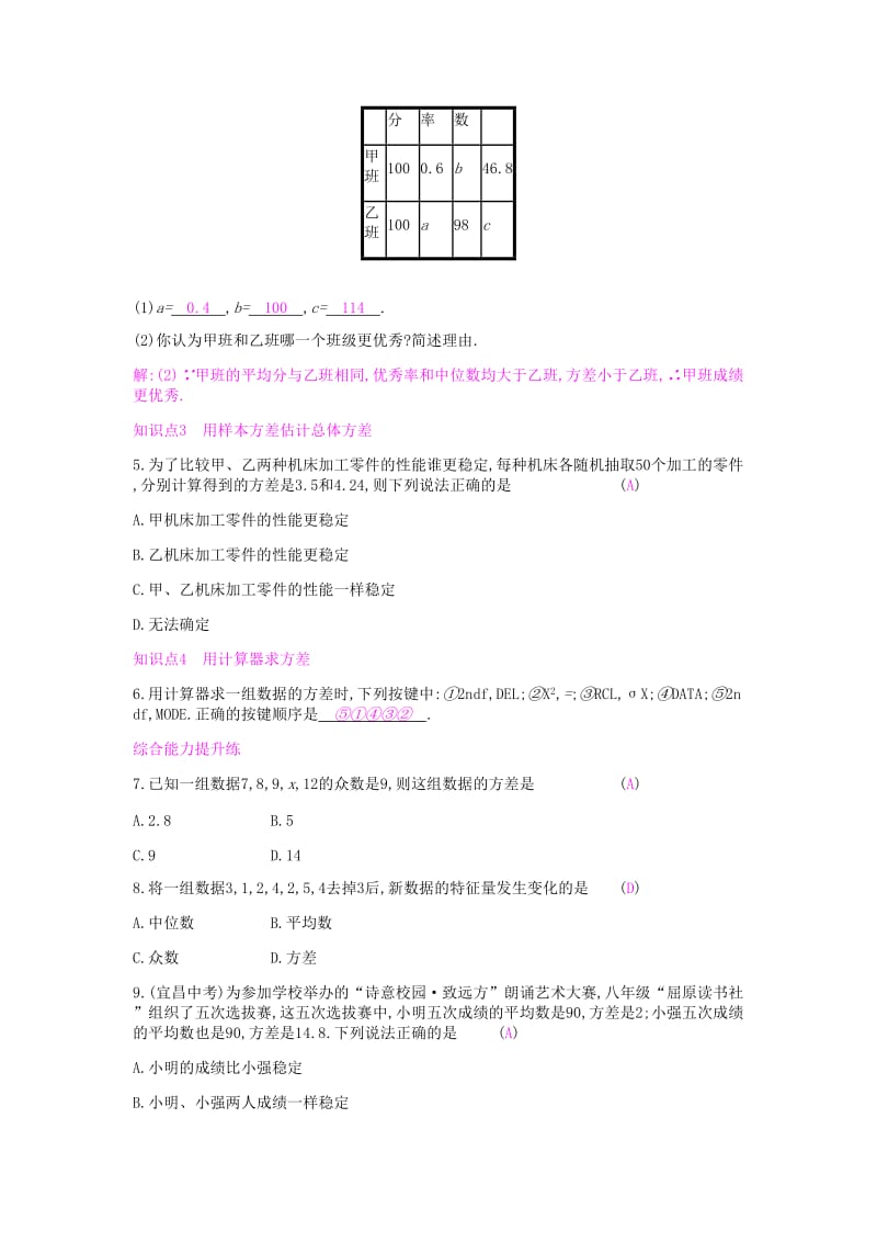 八年级数学下册 第20章 数据的初步分析 20.2 数据的集中趋势与离散程度 20.2.2 数据的离散程度课时作业 沪科版.doc_第2页