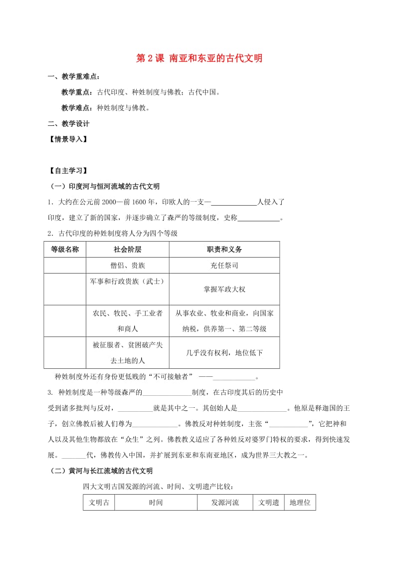 江苏省句容市九年级历史上册 第一单元 上古文明 第2课 南亚和东亚的古代文明教学案 北师大版.doc_第1页