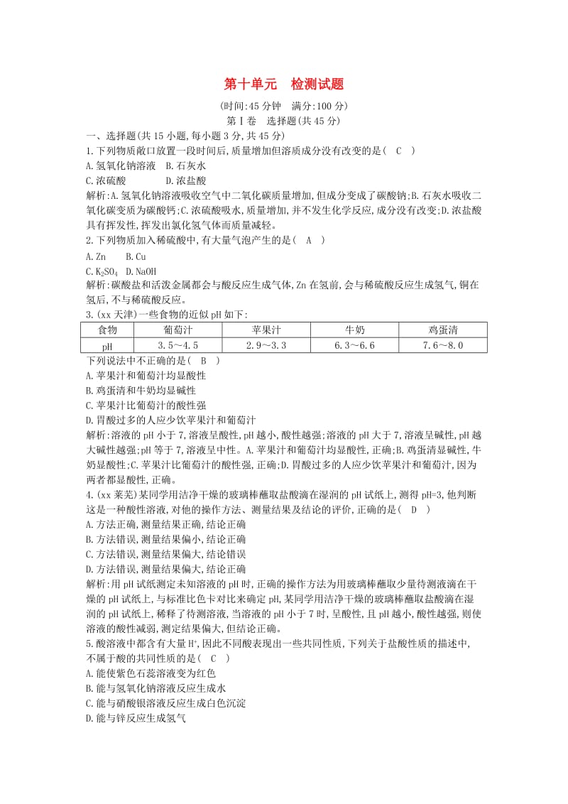 九年级化学下册 第十单元 酸和碱检测试题 （新版）新人教版.doc_第1页