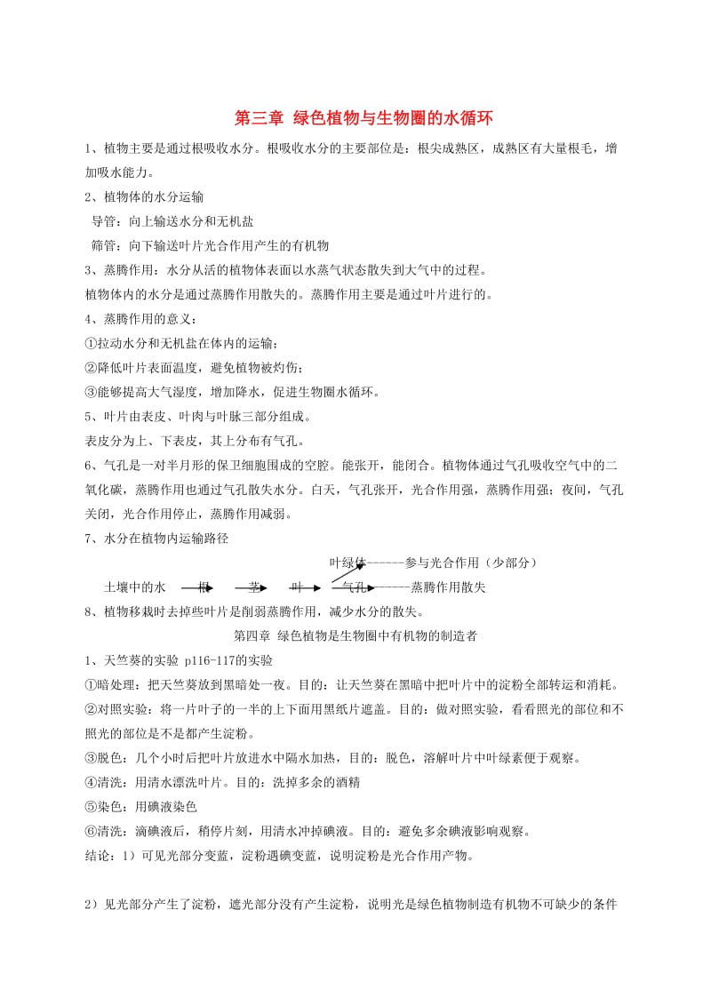 四川省雅安市七年级生物上册 第三单元 第三章 绿色植物与生物圈的水循环知识点总结 （新版）新人教版.doc_第1页