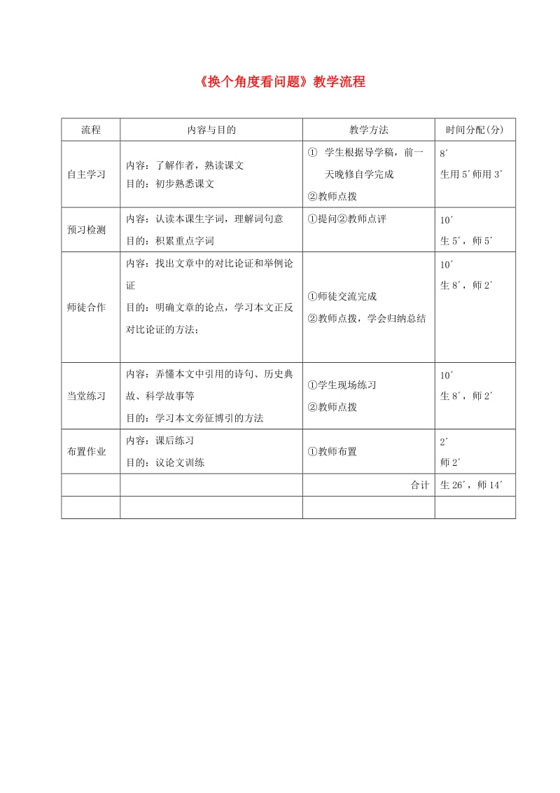 广东省河源市八年级语文下册 第二单元 8换个角度看问题教学流程 语文版.doc_第1页