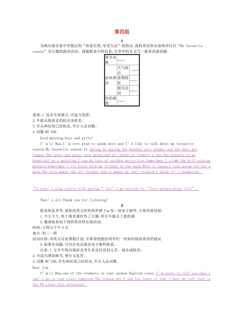 2019春九年级英语下册 题型专项训练 书面表达 第四组 课时作业 （新版）牛津版.doc_第1页