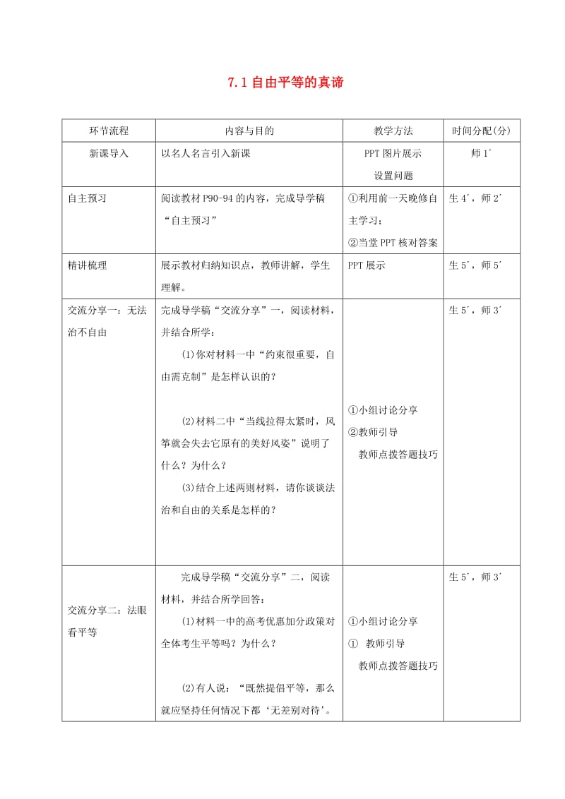 八年级道德与法治下册 第四单元 崇尚法治精神 第七课 尊重自由平等 第1框 自由平等的真谛教学流程 新人教版.doc_第1页