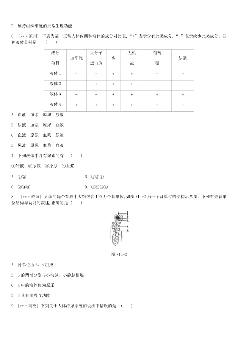 中考生物复习 第五单元 生命活动的调节和生态系统的稳定 课时训练12 人体内废物的排出.doc_第2页