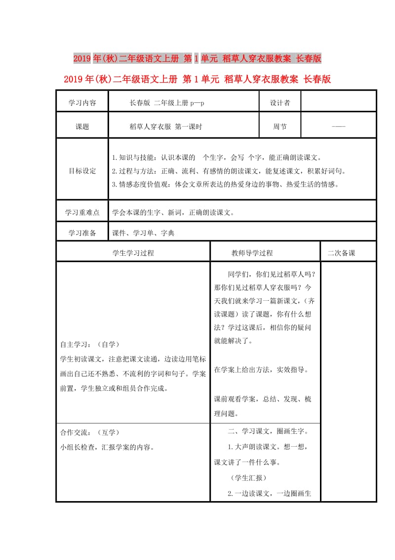 2019年(秋)二年级语文上册 第1单元 稻草人穿衣服教案 长春版.doc_第1页