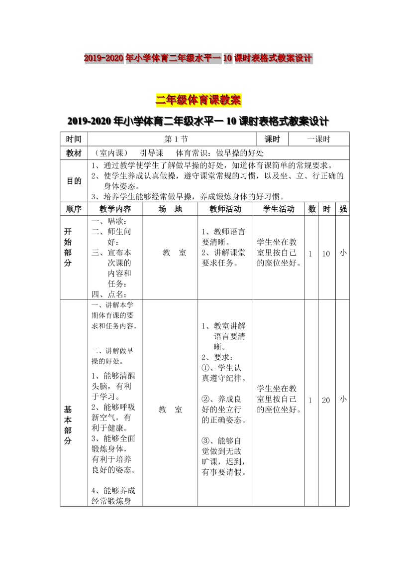 2019-2020年小学体育二年级水平一10课时表格式教案设计.doc_第1页