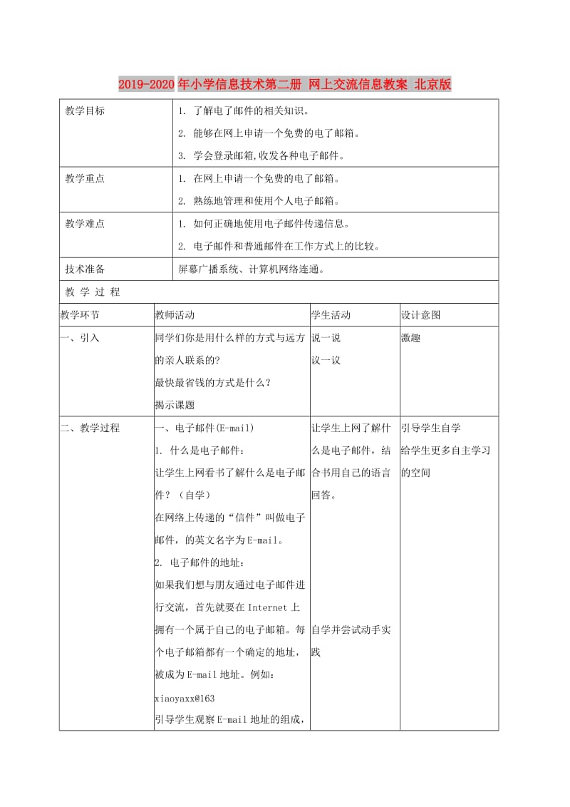 2019-2020年小学信息技术第二册 网上交流信息教案 北京版.doc_第1页