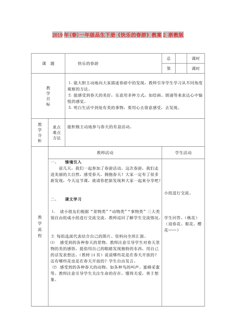 2019年(春)一年级品生下册《快乐的春游》教案2 浙教版.doc_第1页