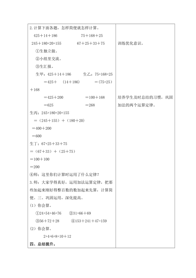 2019-2020年人教版四年级下册《 加法运算定律的综合应用》word教案.doc_第2页