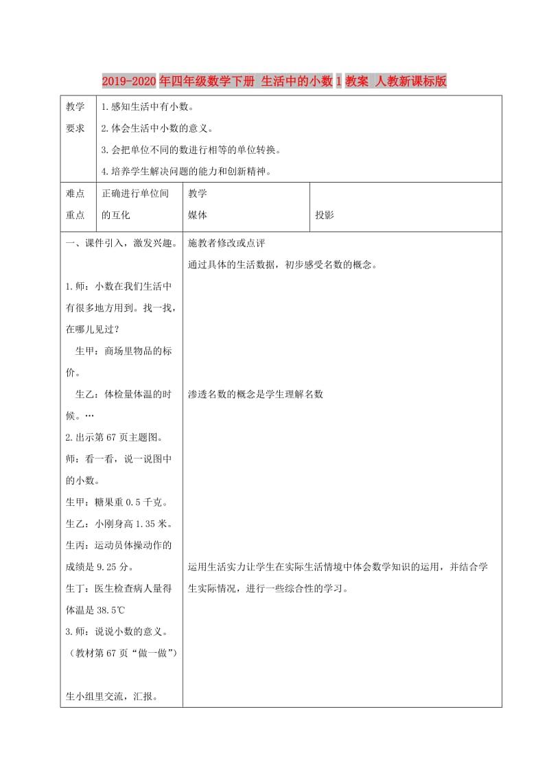 2019-2020年四年级数学下册 生活中的小数1教案 人教新课标版.doc_第1页