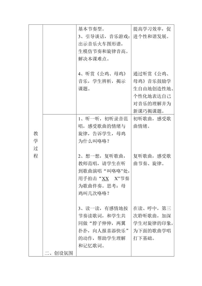 2019-2020年人音版小学音乐一年级下册《母鸡叫咯咯》表格式教学设计.doc_第2页