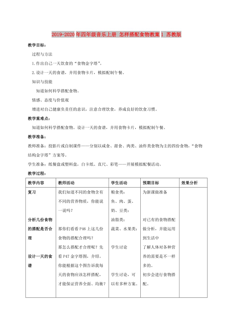 2019-2020年四年级音乐上册 怎样搭配食物教案1 苏教版.doc_第1页