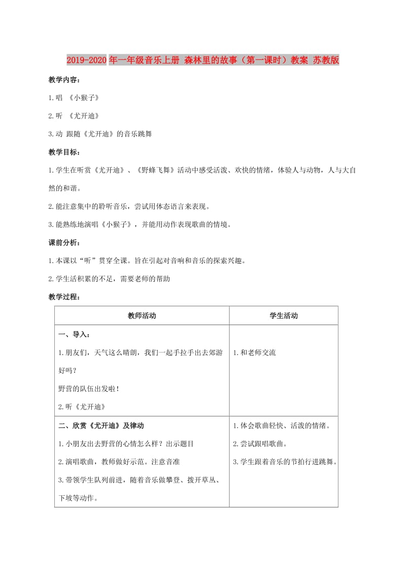 2019-2020年一年级音乐上册 森林里的故事（第一课时）教案 苏教版.doc_第1页