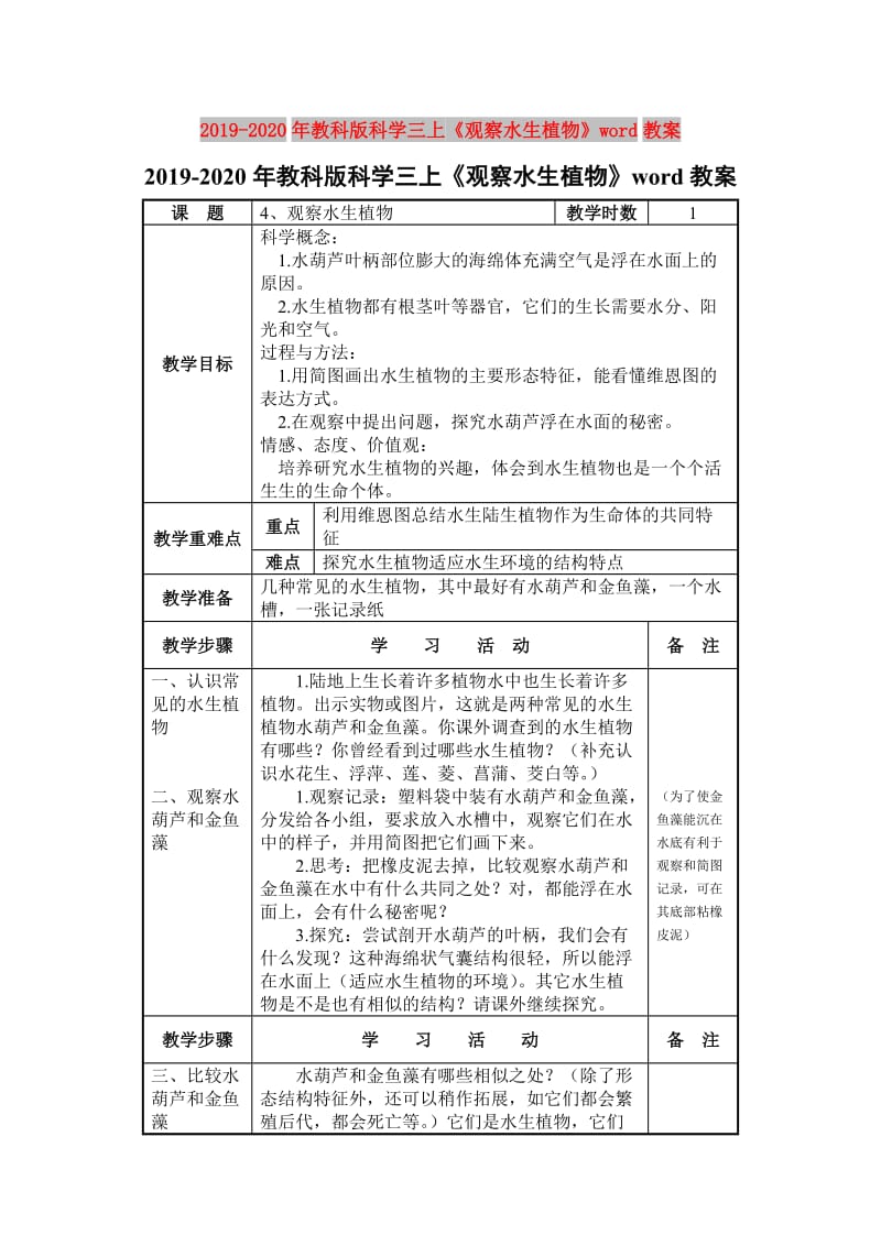 2019-2020年教科版科学三上《观察水生植物》word教案.doc_第1页