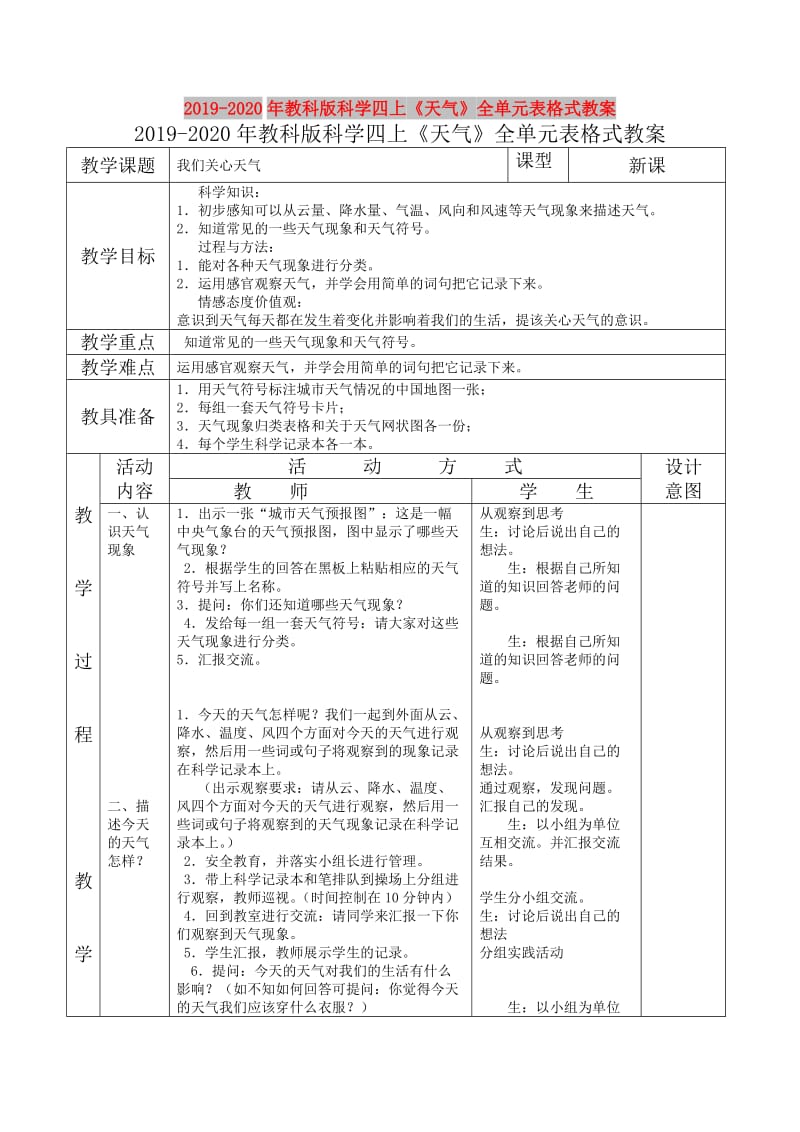 2019-2020年教科版科学四上《天气》全单元表格式教案.doc_第1页